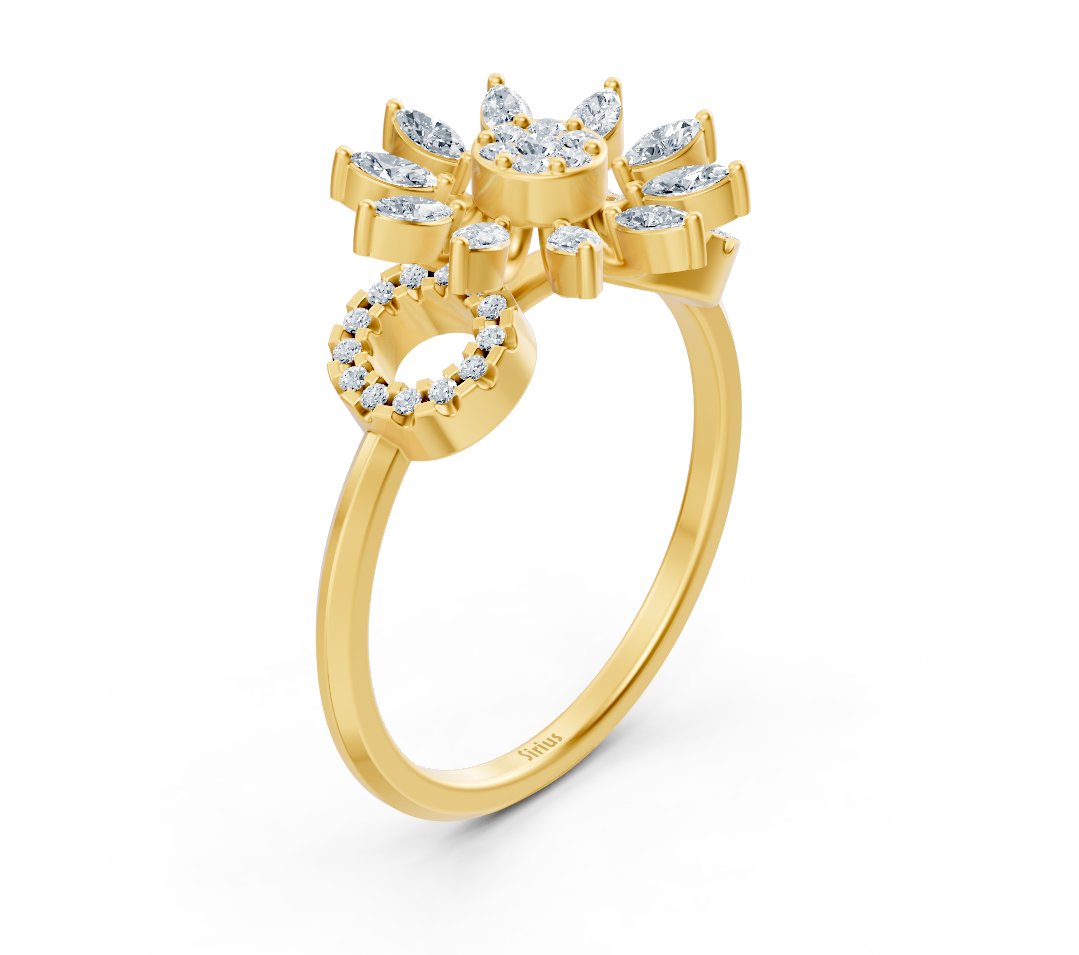 Yellow gold ring with marquise lab diamonds in floral style