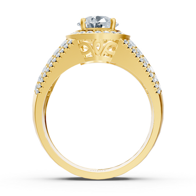 Solitaire halo ring made of yellow gold with princess cut in pavé style – ethically lab-grown