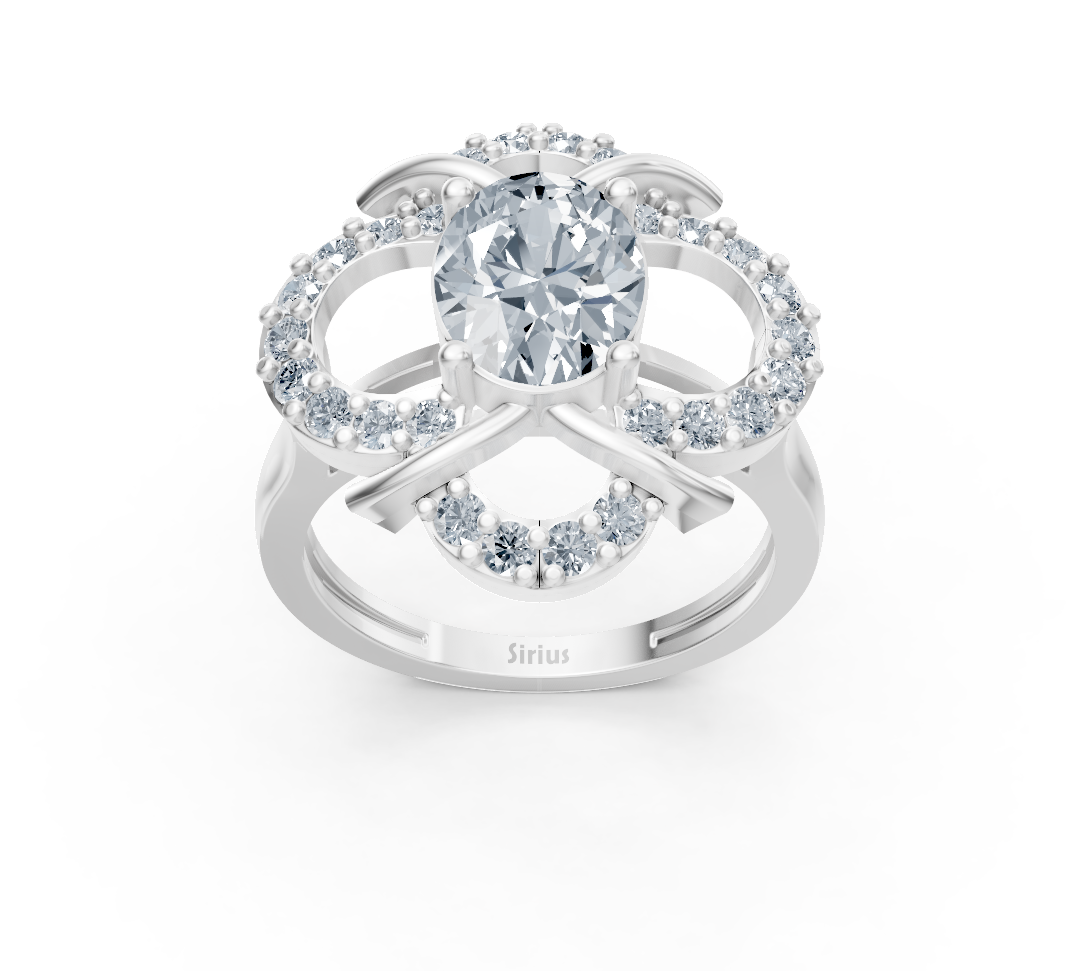 Elegant flower ring made of white gold with oval labradorite diamond