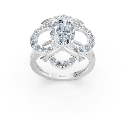 Elegant flower ring made of white gold with oval labradorite diamond