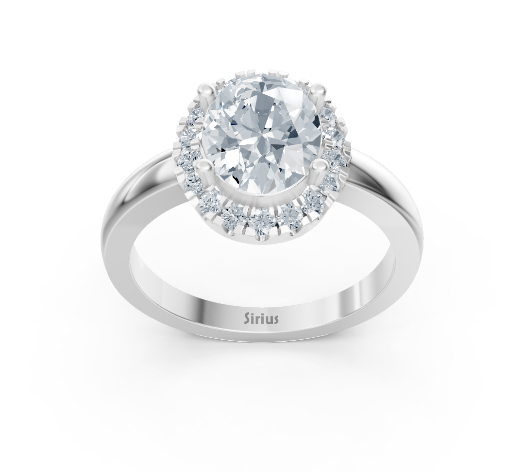 Halo engagement ring made of white gold with oval lab diamond and round diamond halo