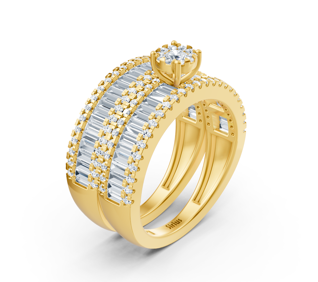 Wide engagement ring with baguette and round diamonds in yellow gold