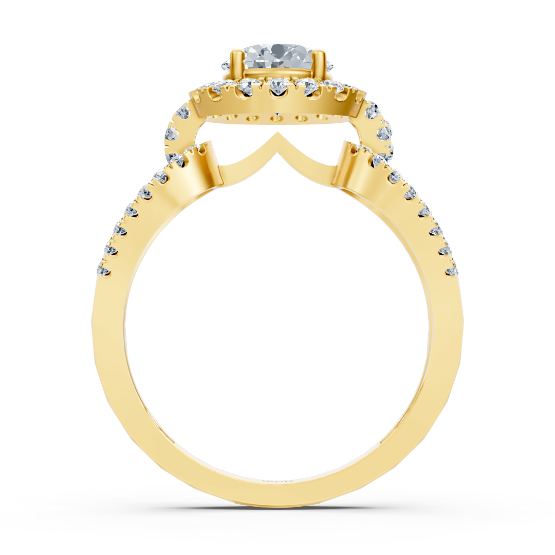 Gelbgoldring mit geteiltem Band und funkelndem Halo-Labor-Diamant - hochwertiger Schmuck von Rosy Lab Diamonds