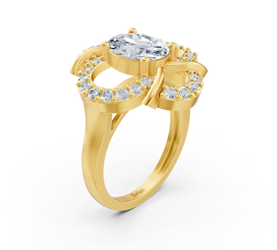 Floral yellow gold ring with oval lab diamond