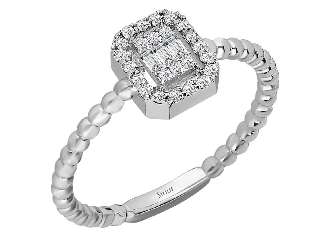 Bague élégante en or blanc 14 carats « Alba » avec 3 diamants baguette et 24 diamants ronds – 1,89 carat