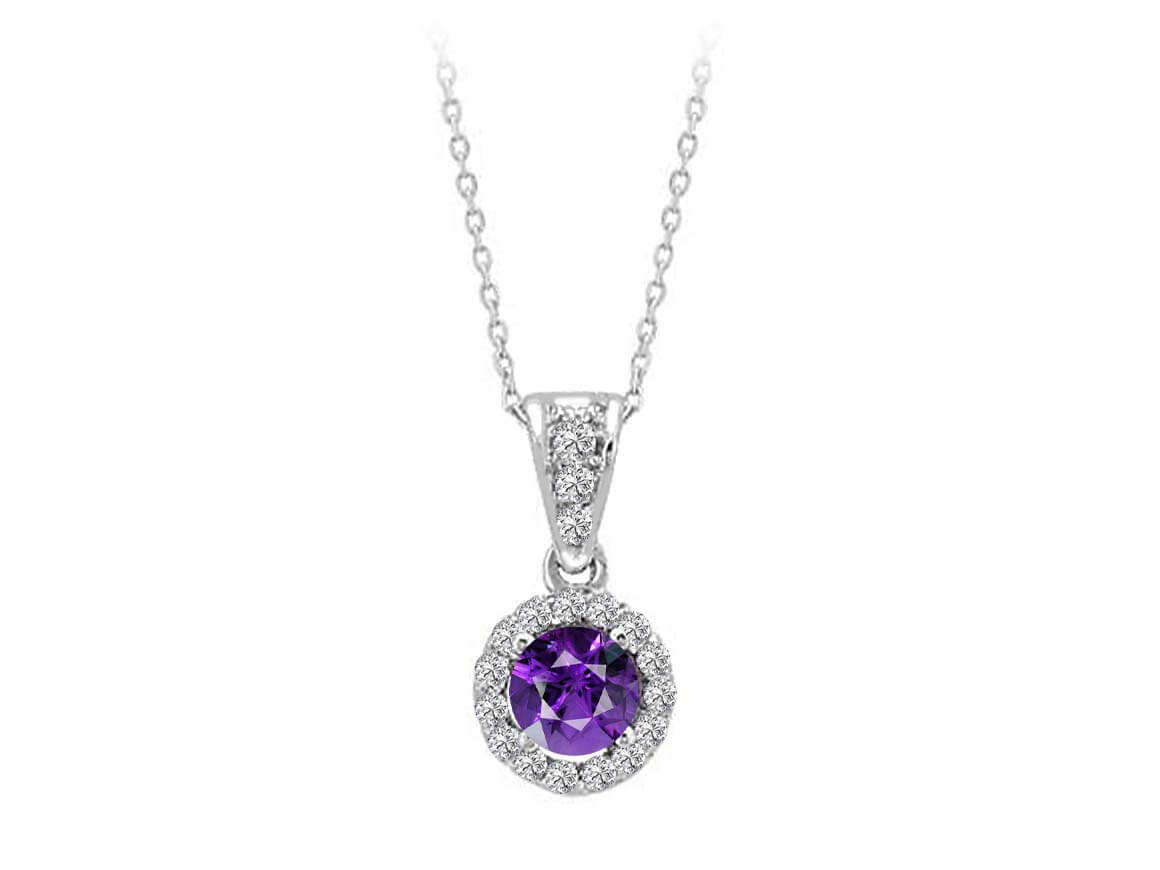 Pendentif avec améthyste (0,49 ct) et 18 diamants de laboratoire en or blanc 8K
