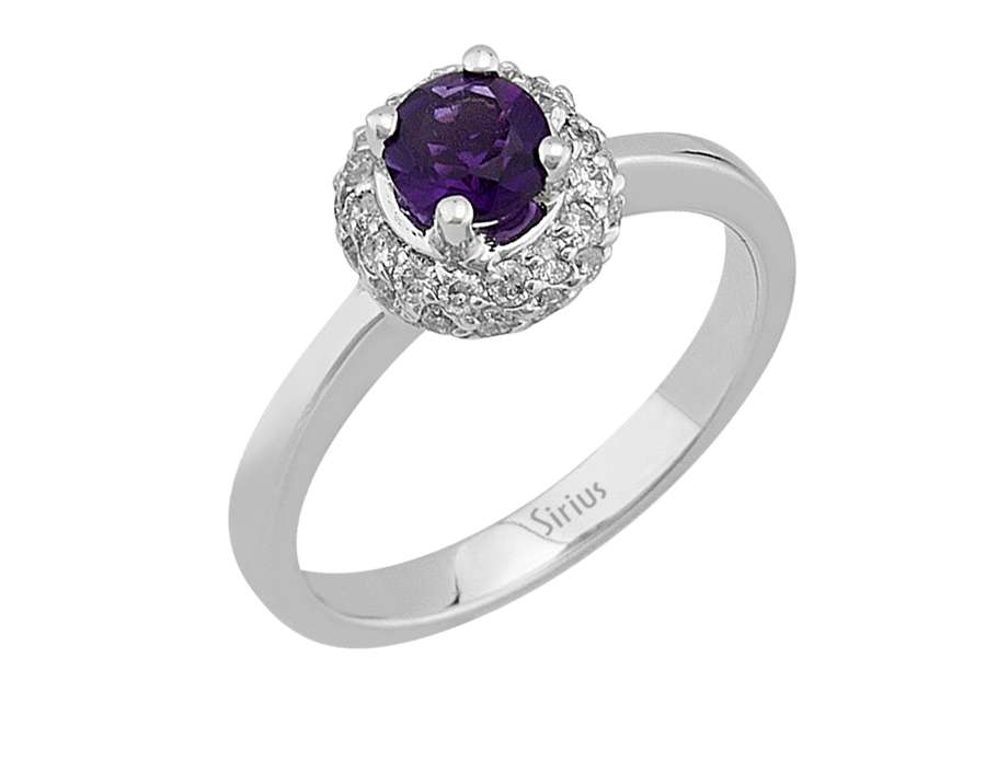Eleganter Ring mit 30 rund geschliffenen Labor-Diamanten und 0,37 Karat rundem Amethyst