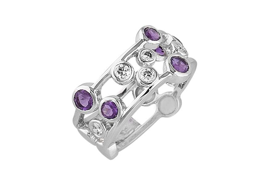 Moderner Ring mit 6 rund geschliffenen Amethysten und 7 laborgezüchteten Diamanten in 14K Weißgold