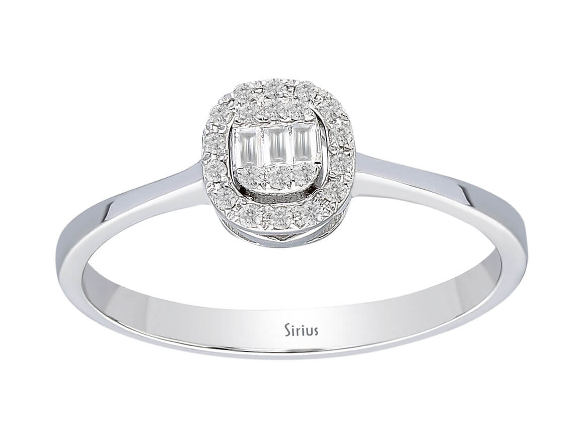 Babylon baguette diamond ring with halo setting in 14K gold