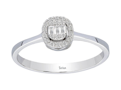 Babylon baguette diamond ring with halo setting in 14K gold
