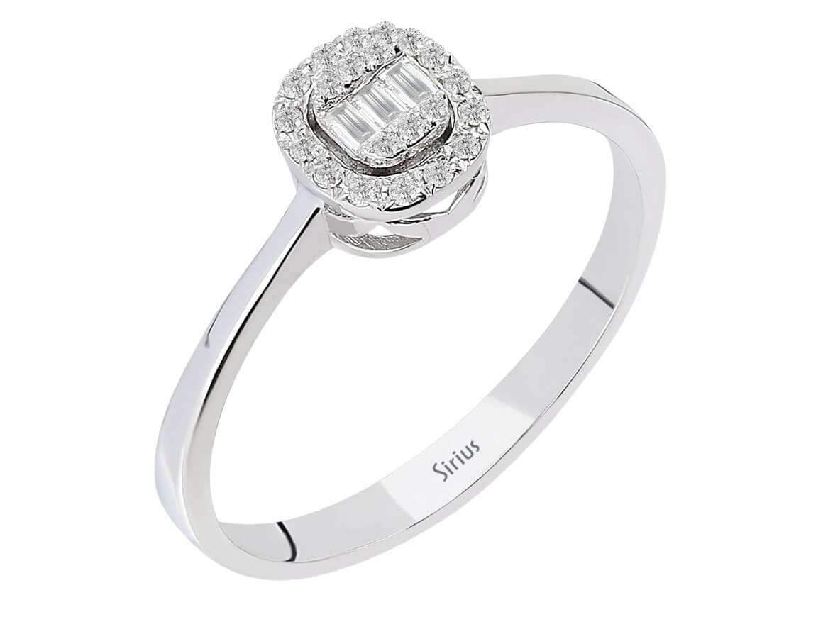 Babylon baguette diamond ring with halo setting in 14K gold
