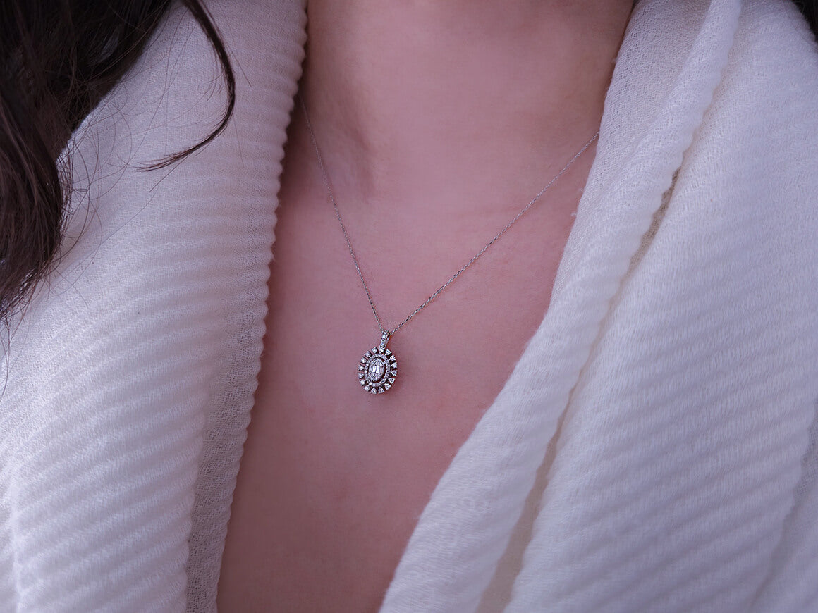 Helia pendant with 4 baguette & 55 round cut lab diamonds in 14K white gold