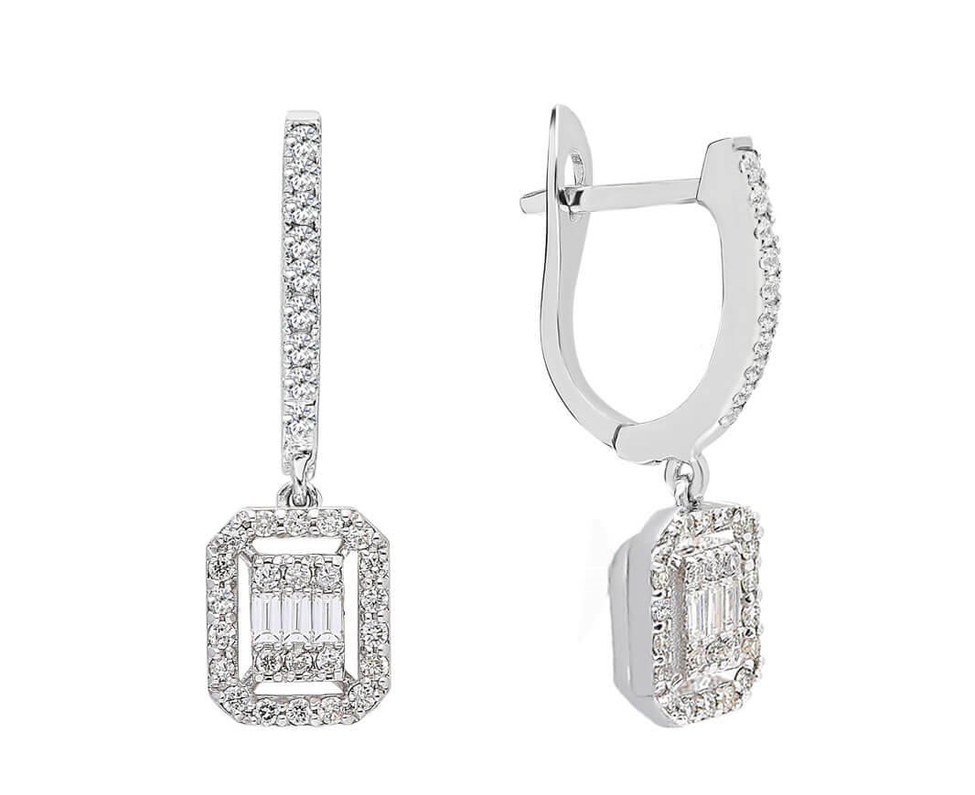 Élégantes boucles d'oreilles pendantes avec diamants baguette et brillants en or blanc 333
