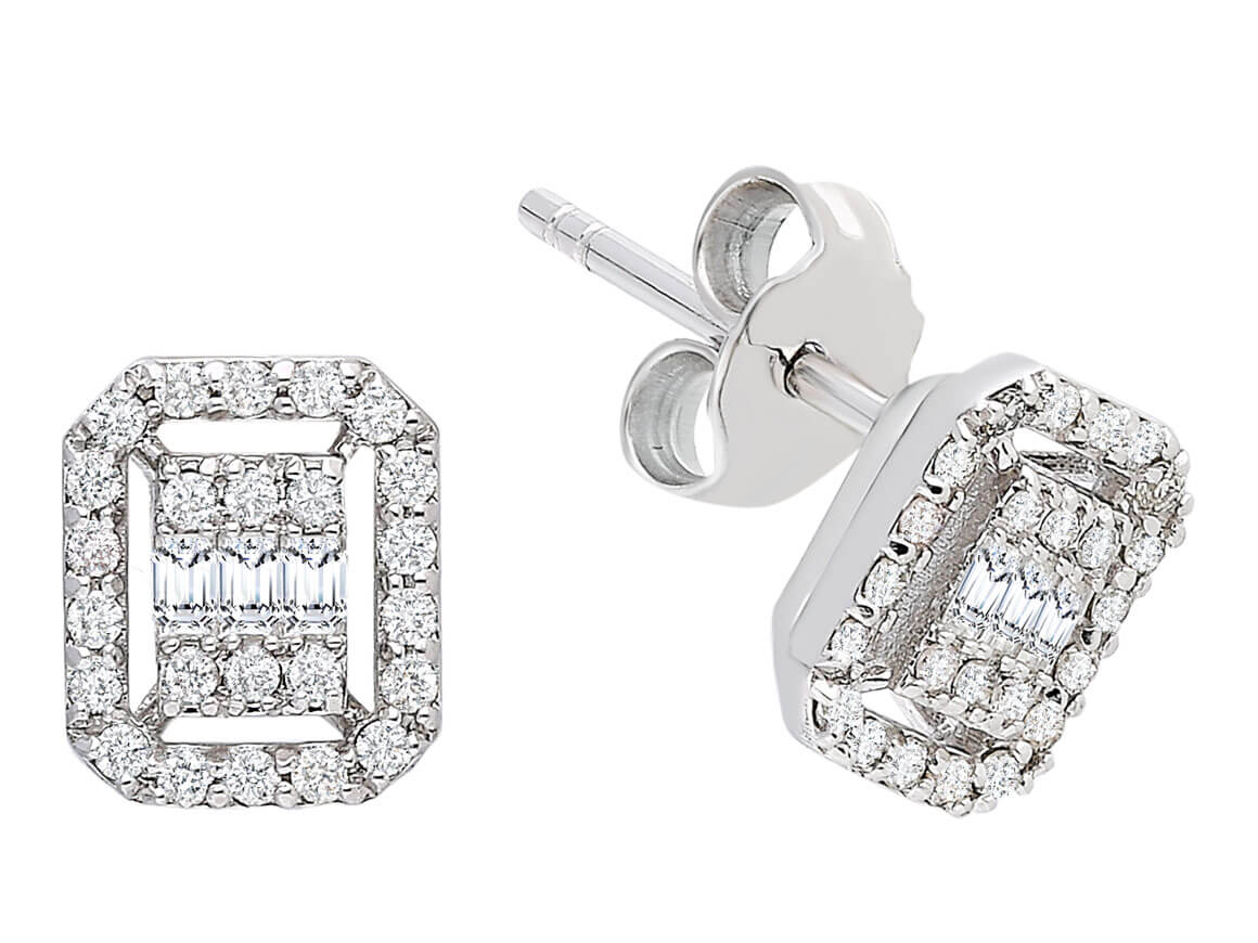 Boucles d'oreilles diamant baguette rectangulaires avec 54 brillants en or blanc 333