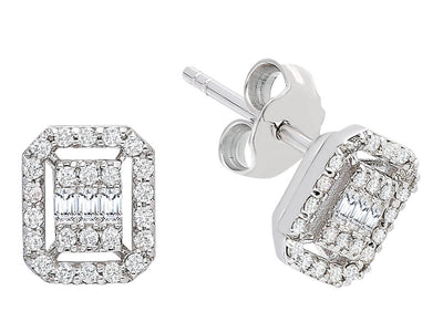 Boucles d'oreilles diamant baguette rectangulaires avec 54 brillants en or blanc 333