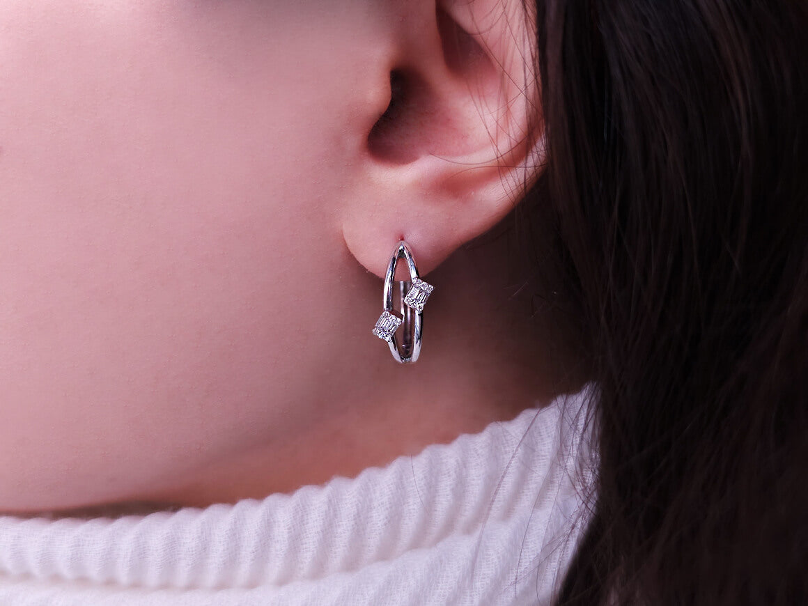 Élégantes créoles avec diamants baguette et ronds de laboratoire en or blanc 585