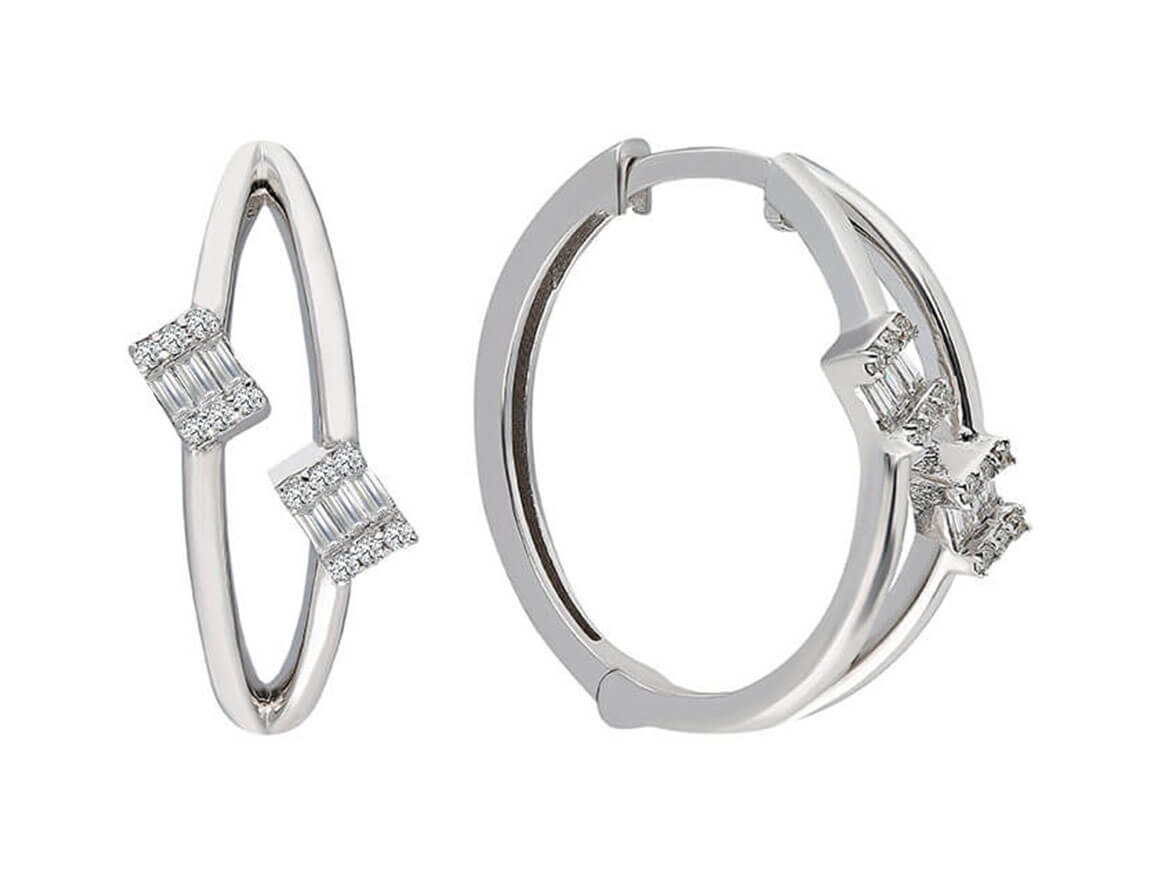 Élégantes créoles avec diamants baguette et ronds de laboratoire en or blanc 585