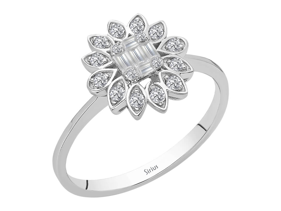 Bague tournesol sertie de diamants de laboratoire en taille baguette et Taille Brillant Rond | Or Blanc 14 K - Bijoux haut de gamme de Rosy Lab Diamonds