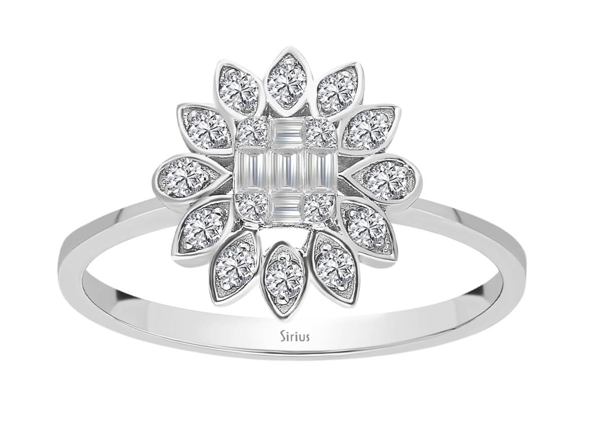 Bague tournesol sertie de diamants de laboratoire en taille baguette et Taille Brillant Rond | Or Blanc 14 K - Bijoux haut de gamme de Rosy Lab Diamonds