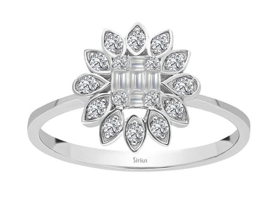 Sunflower ring with lab-grown diamonds in baguette and round cut
