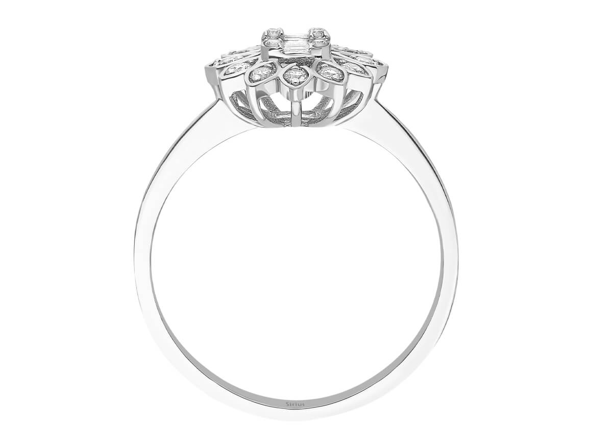 Bague tournesol sertie de diamants de laboratoire en taille baguette et Taille Brillant Rond | Or Blanc 14 K - Bijoux haut de gamme de Rosy Lab Diamonds