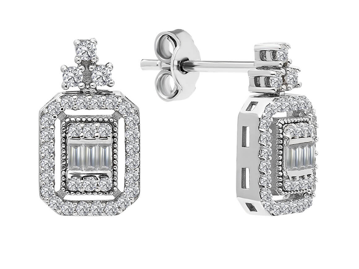 Rosy Lab Diamonds’ın 585 Beyaz Altın kaplama Laboratuvarı Baguette ve Yuvarlak Pırlantalı Pimli Küpe – kaliteli Mücevher