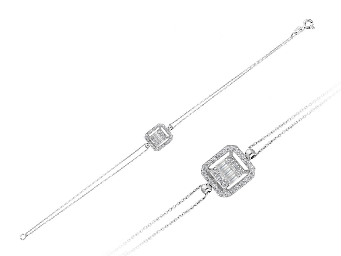 Modern bracelet with 3 baguette & 30 round lab-grown diamonds in 14K white gold