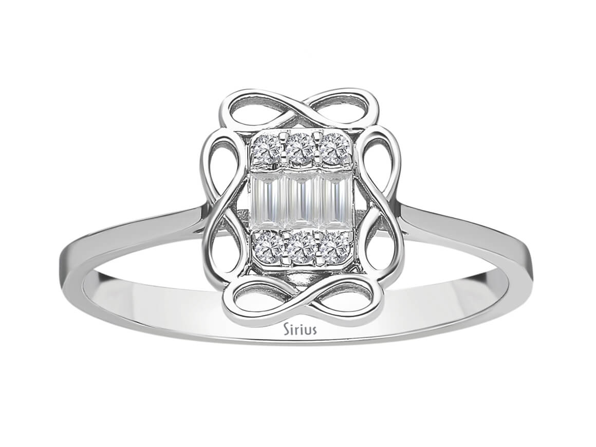 Délicue de bague avec diamants de laboratoire en taille baguette et Taille Brillant Rond | Or Blanc 8 carats – Bijoux haut de gamme de Rosy Lab Diamonds
