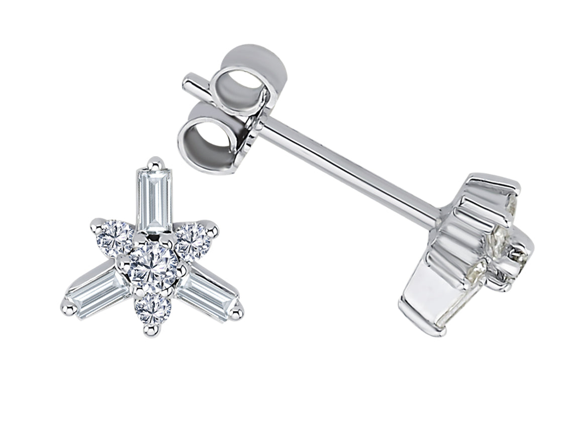 Boucles d'oreilles en forme d'étoile avec 6 diamants baguette et 8 diamants ronds de laboratoire en or blanc 14 carats