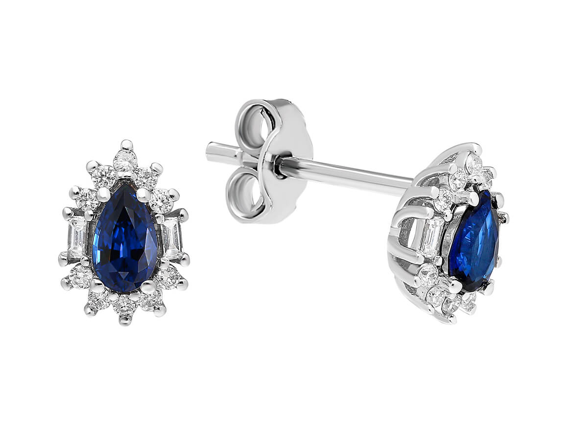 Boucles d'Oreilles Clous avec saphir, diamants de laboratoire taille baguette et Taille Brillant Rond en Or Blanc 333/1000 - Bijoux haut de gamme de Rosy Lab Diamonds