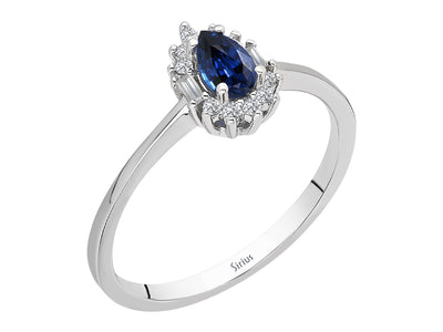 Modern ring with lab-grown diamonds and teardrop-shaped sapphire