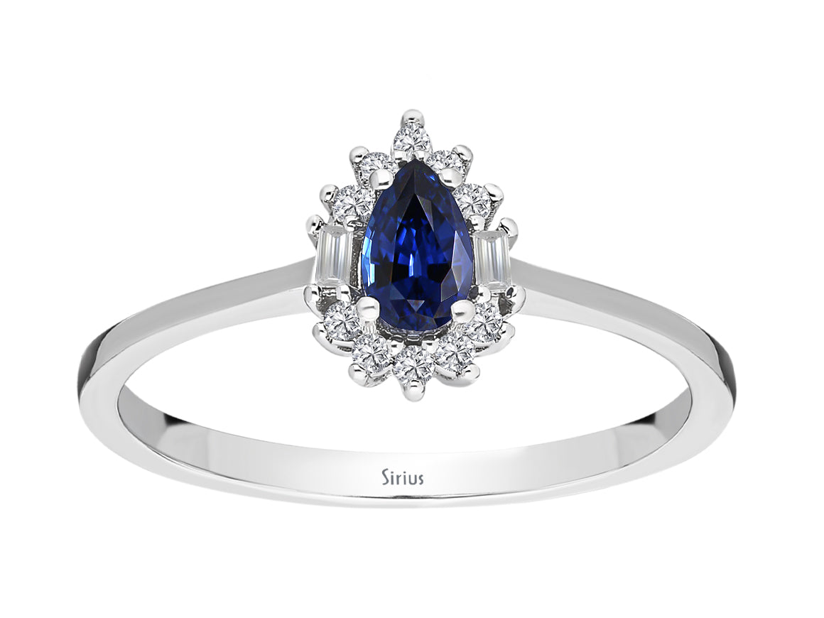 Modern ring with lab-grown diamonds and teardrop-shaped sapphire
