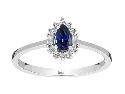 Modern ring with lab-grown diamonds and teardrop-shaped sapphire
