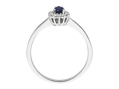 Modern ring with lab-grown diamonds and teardrop-shaped sapphire