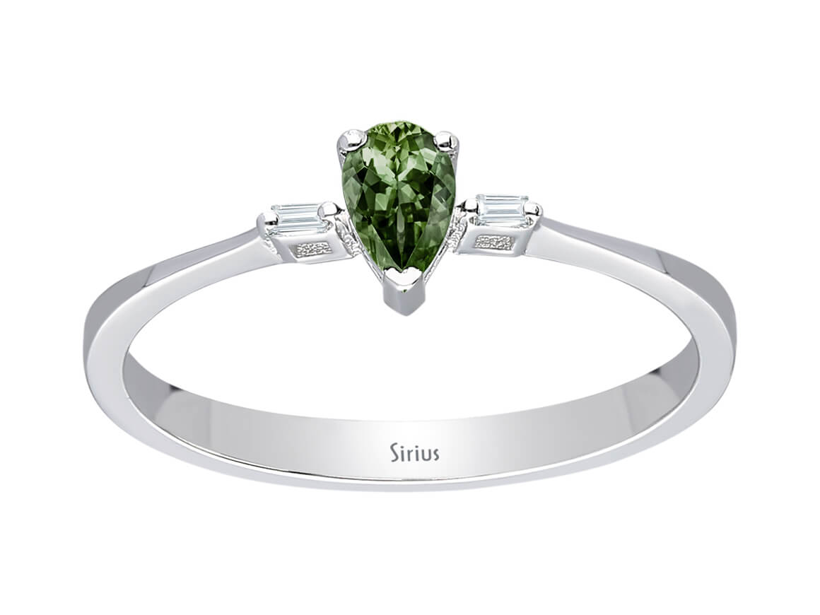 Bague avec saphir taille poire et diamants baguette en or 14 carats - Pierre précieuse verte - Bijoux haut de gamme de Rosy Lab Diamonds