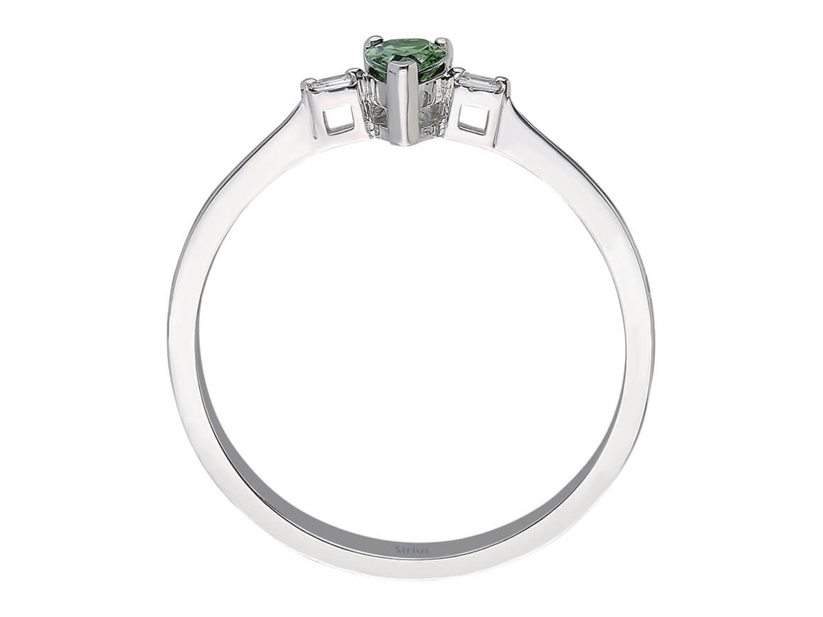 Bague avec saphir taille poire et diamants baguette en or 14 carats - Pierre précieuse verte - Bijoux haut de gamme de Rosy Lab Diamonds