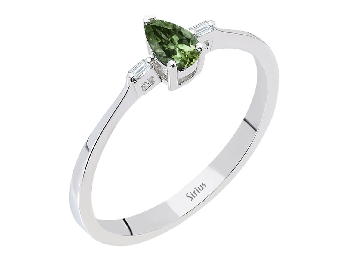 Bague avec saphir taille poire et diamants baguette en or 14 carats - Pierre précieuse verte - Bijoux haut de gamme de Rosy Lab Diamonds