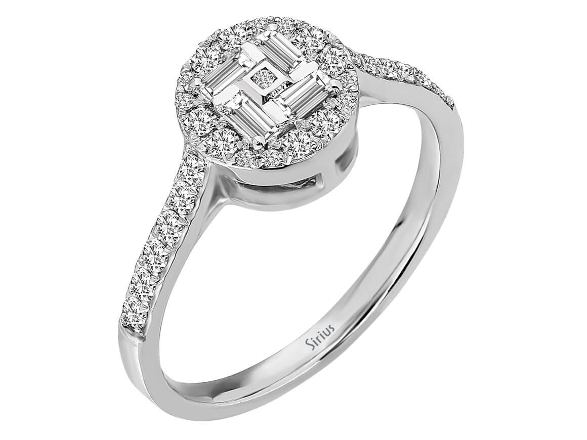Bague en diamant exclusive avec taille baguette et brillant – 0,46 ct – or blanc 14 carats