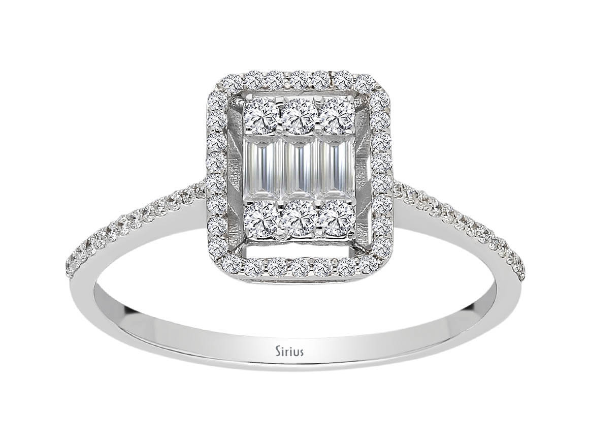 Elegant 14K white gold ring with 3 baguette diamonds and 62 round diamonds – 1.92 carats
