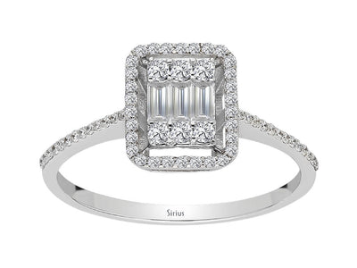 Elegant 14K white gold ring with 3 baguette diamonds and 62 round diamonds – 1.92 carats