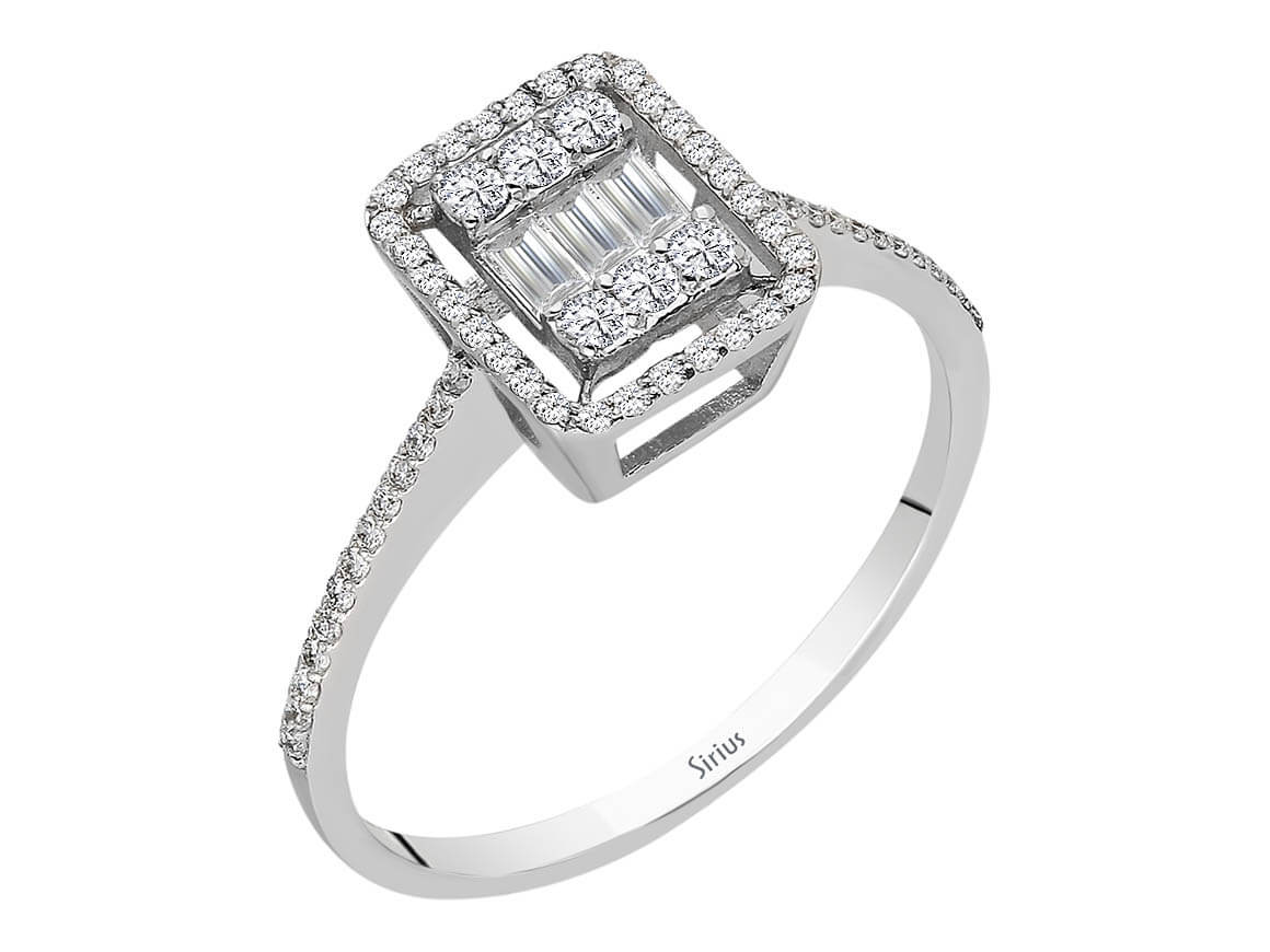 Elegant 14K white gold ring with 3 baguette diamonds and 62 round diamonds – 1.92 carats