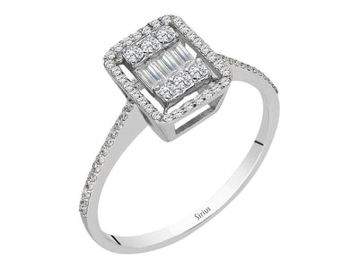 Elegant 14K white gold ring with 3 baguette diamonds and 62 round diamonds – 1.92 carats