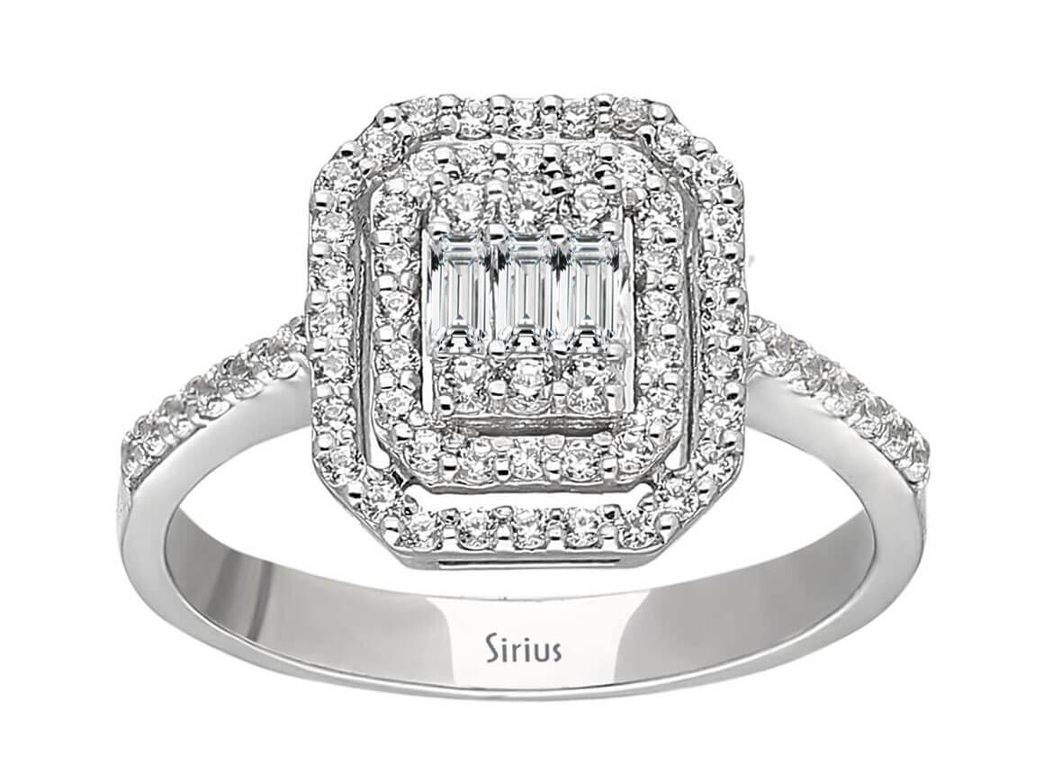 Radiant baguette and round diamond ring made of 14 karat white gold