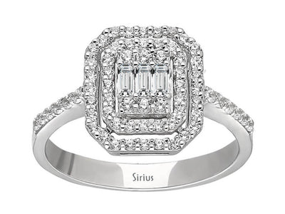 Radiant baguette and round diamond ring made of 14 karat white gold
