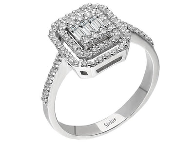 Radiant baguette and round diamond ring made of 14 karat white gold