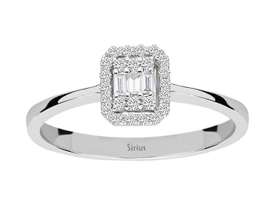 Zarter Baget-Diamantring mit Halo-Fassung aus 8K Gold