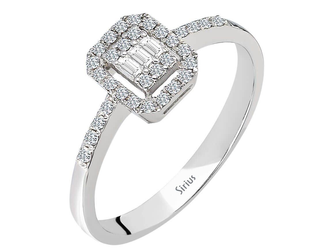 Bague diamant baguette rectangulaire avec sertissage pavé en or 8K
