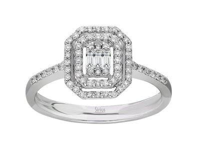 Weißgold Ring mit 3 Baguette-Diamanten und 70 runden Diamanten – 14 Karat