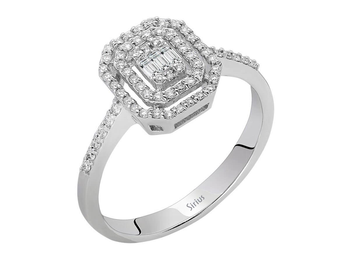 Weißgold Ring mit 3 Baguette-Diamanten und 70 runden Diamanten – 14 Karat