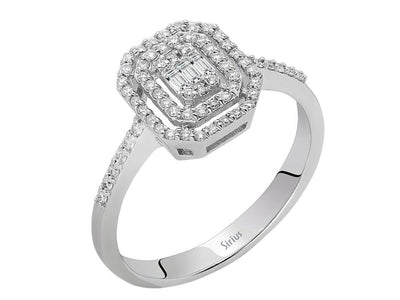 Weißgold Ring mit 3 Baguette-Diamanten und 70 runden Diamanten – 14 Karat